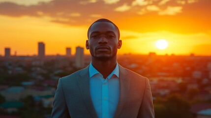 Poster - A man stands confidently in formal attire against a stunning sunset backdrop. The city skyline glows in warm tones as the sun dips below the horizon, creating a serene atmosphere.
