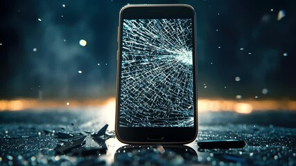 Poster - Broken Smartphone Display with Shattered Glass and Glowing Background Effects