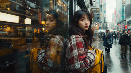 Wall Mural - An Asian woman in a plaid jacket holding a yellow backpack standing by a shop window on a busy rainy street