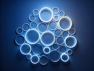 Poster - Creative 3D Geometric Illustration of White Neon Circles on Dark Blue Background, Featuring Unique Light and Shadow Effects for Fashion Photography Mock Up and Template Use