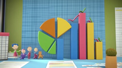 Poster - A vibrant 3D pie chart with translucent slices in neon colors, hovering above a reflective surface. The chart labels appear in a sleek, modern font, showing business data.