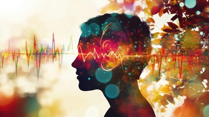Poster - An artistic depiction of a heartbeat graphic integrated into a human silhouette, highlighting the connection between life and health in a vibrant design