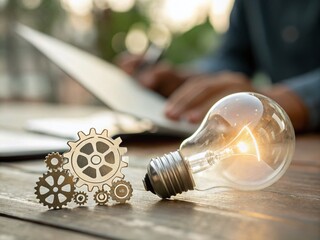Poster - Creative Lightbulb Idea with Gear Symbol for Business Management and Innovation Inspiration in a Simple and Elegant Portrait Photography Style