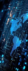 Aufkleber - This stunning digital artwork features a world map illuminated with vibrant blue hues and intricate circuit patterns, symbolizing the interconnectedness of our modern technological landscape.