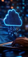 Poster - This image showcases a hand typing on a laptop with a digital cloud symbol above, representing cloud computing, data transfer, and modern technology's impact on our lives.
