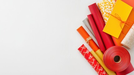 Leinwandbilder - Colorful rolls of wrapping paper and ribbons are arranged neatly with a blank area for adding a personal message or greeting. Generative AI