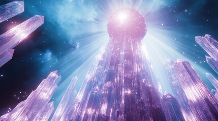 Crystal spire glowing in cosmic scene.