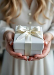 Many gifts, box with satin ribbon in hands of people, small child, elegant blonde girl 2 years old in white dress, gives surprise to loved one, concept of birthday, christmas gift