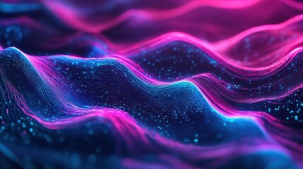 Fototapete - Abstract waves of vibrant pink and blue light ripple through darkness, creating a mesmerizing visual effect.