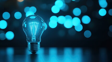 Wall Mural - Glowing light bulb against a blue bokeh background