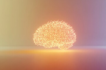 Fototapete - A glowing brain made of small, bright light points and lines, set against a gradient background that allows space for text or graphics. Generative AI