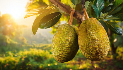 Jackfruit tree with beautiful leaves and fruit in nature background