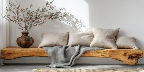 Poster - Minimalist interior design featuring a rustic wooden bench with cushions and a vase in a bright space