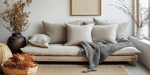 Poster - cozy living room with neutral decor and natural elements in a bright space