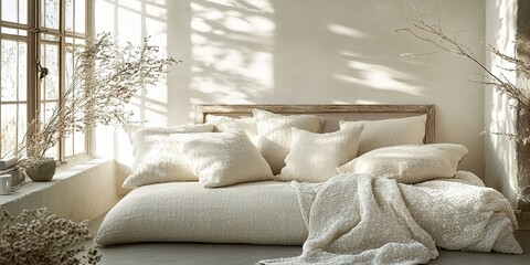 Poster - cozy bedroom with natural light enhancing soft textures and neutral colors in a minimalist design
