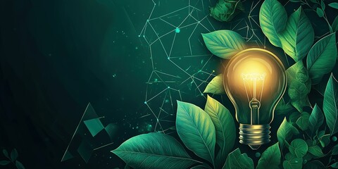 Poster - Bright light bulb surrounded by lush green leaves and abstract patterns at night