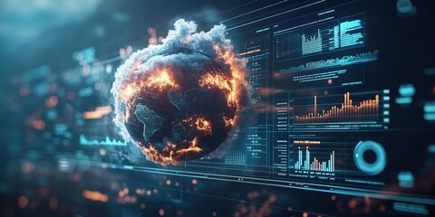 Poster - Visualization of a digital globe surrounded by data graphs and fiery effects indicating climate change