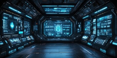 Poster - Futuristic control room with glowing blue displays and advanced technology in a sci-fi setting