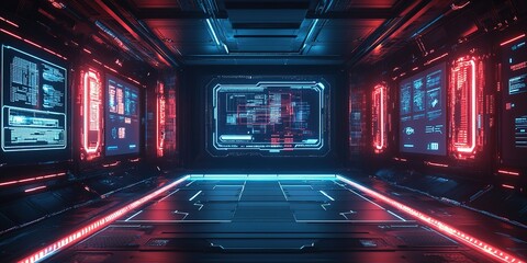 Poster - Futuristic corridor with neon lights and digital screens in a high-tech environment