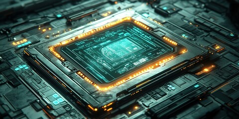 Poster - Futuristic microprocessor design with glowing elements and intricate circuitry in a high-tech environment