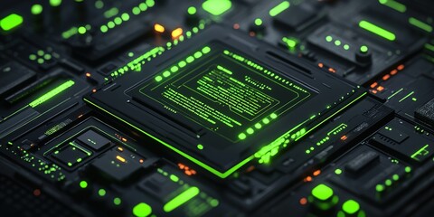 Poster - High-tech circuit board with glowing green features and intricate design elements at night