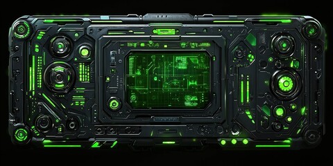 Poster - Futuristic device with glowing green elements and intricate detailing in a dark setting