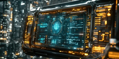 Poster - Futuristic digital interface surrounded by a high-tech cityscape with glowing elements at night