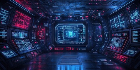 Poster - Futuristic control room with glowing interfaces and intricate technology design at night