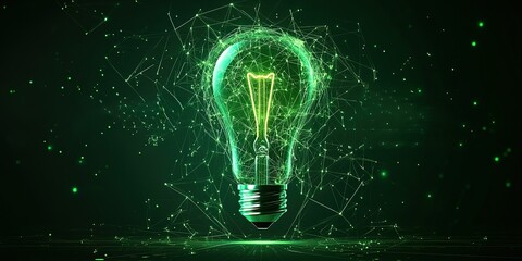 Poster - Bright green light bulb glowing with energy and digital connections in a dark background