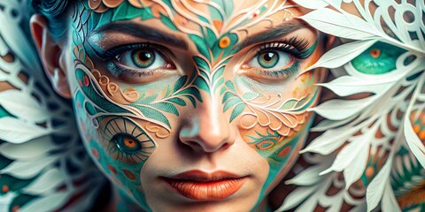 Woman showcases intricate body art featuring vibrant colors and detailed patterns in a creative paper art setting