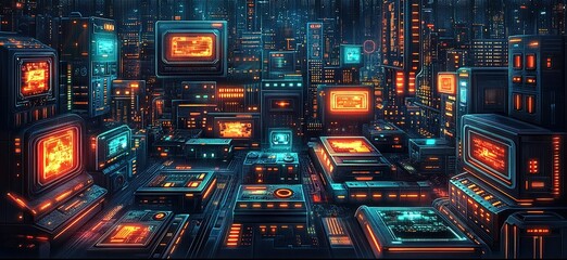 Poster - Futuristic cityscape with glowing technology and intricate digital displays at night