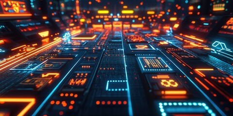 Fototapete - Futuristic digital landscape with vibrant neon lights and circuit patterns