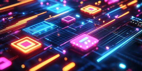 Fototapete - Colorful digital circuit board illuminated by vibrant neon lights in a futuristic setting
