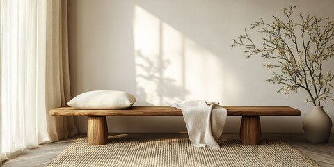 Poster - Relaxing interior space with simple wooden bench and natural decor elements