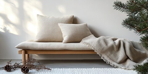 Poster - cozy seating area with neutral cushions and warm blanket in a minimalist interior design setting nea