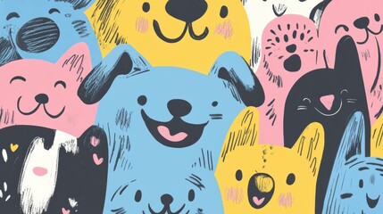 Poster - Doodle-style artwork showcases a collection of dog faces expressing joy and curiosity, ideal for adding custom messages in the open space. Generative AI