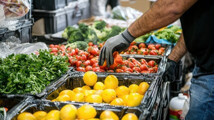 Poster - Hand distributing fresh food at a community shelter. 