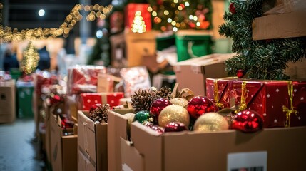 Poster - Christmas donations being sorted at a local charity event. 