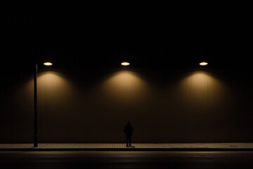 Aufkleber - A lone person stands on a deserted street at night, illuminated by streetlights, creating a somber atmosphere perfect for adding text. Generative AI
