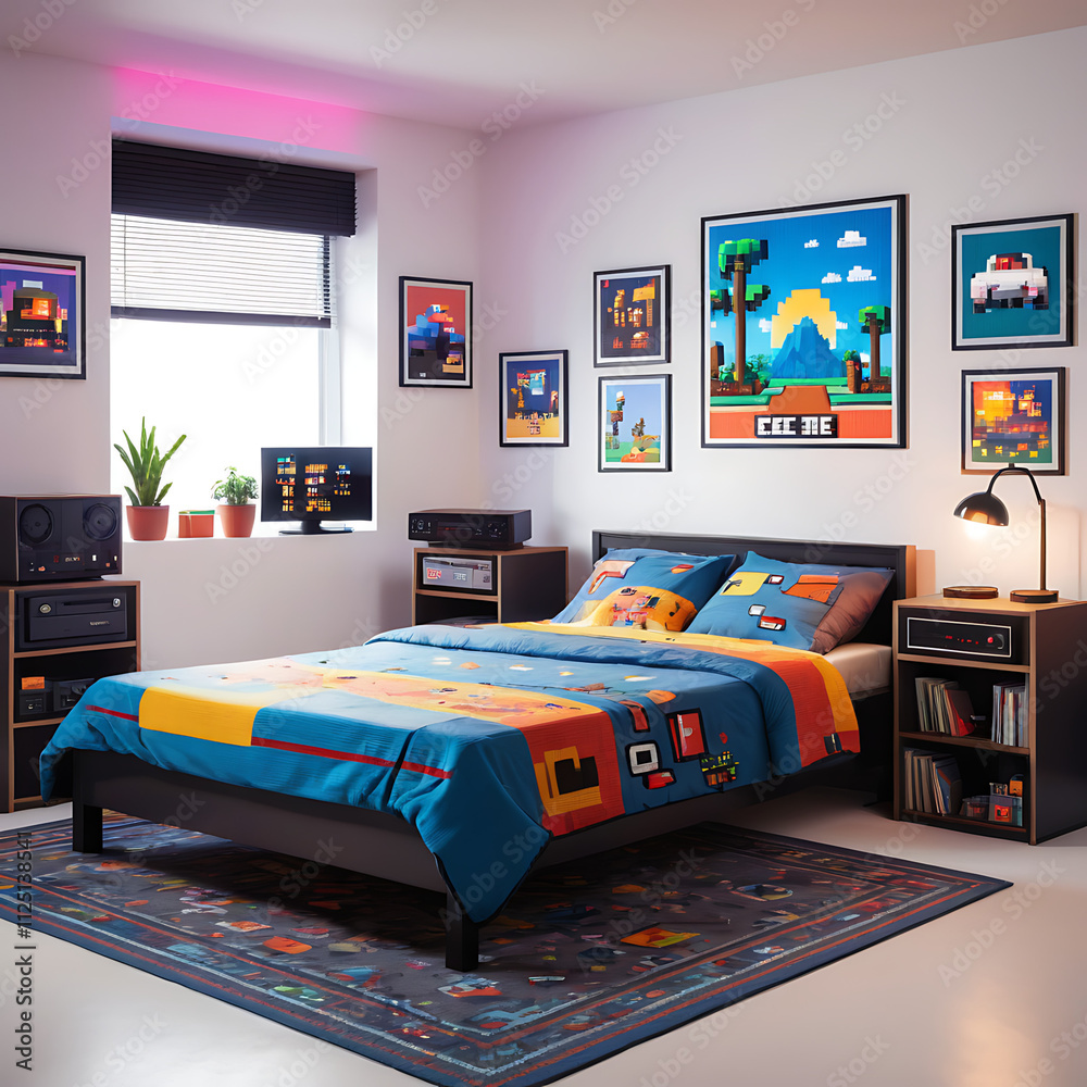 Retro Gamer Bedroom Decor: Pixel Art Theme with 8-bit Bedding and Wall ...