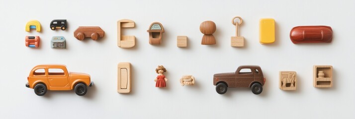 Aufkleber - Collection of children's toys including cars, blocks, and dolls arranged on a white background, offering ample space for additional text. Generative AI