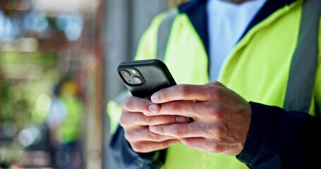 Aufkleber - Man, engineer and hands typing with mobile for planning construction project, infrastructure and site development. Architect, phone and builder outdoor for communication, message and schedule closeup