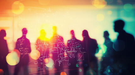 Poster - Silhouettes of diverse professionals against vibrant background, showcasing teamwork and innovation in modern workspace