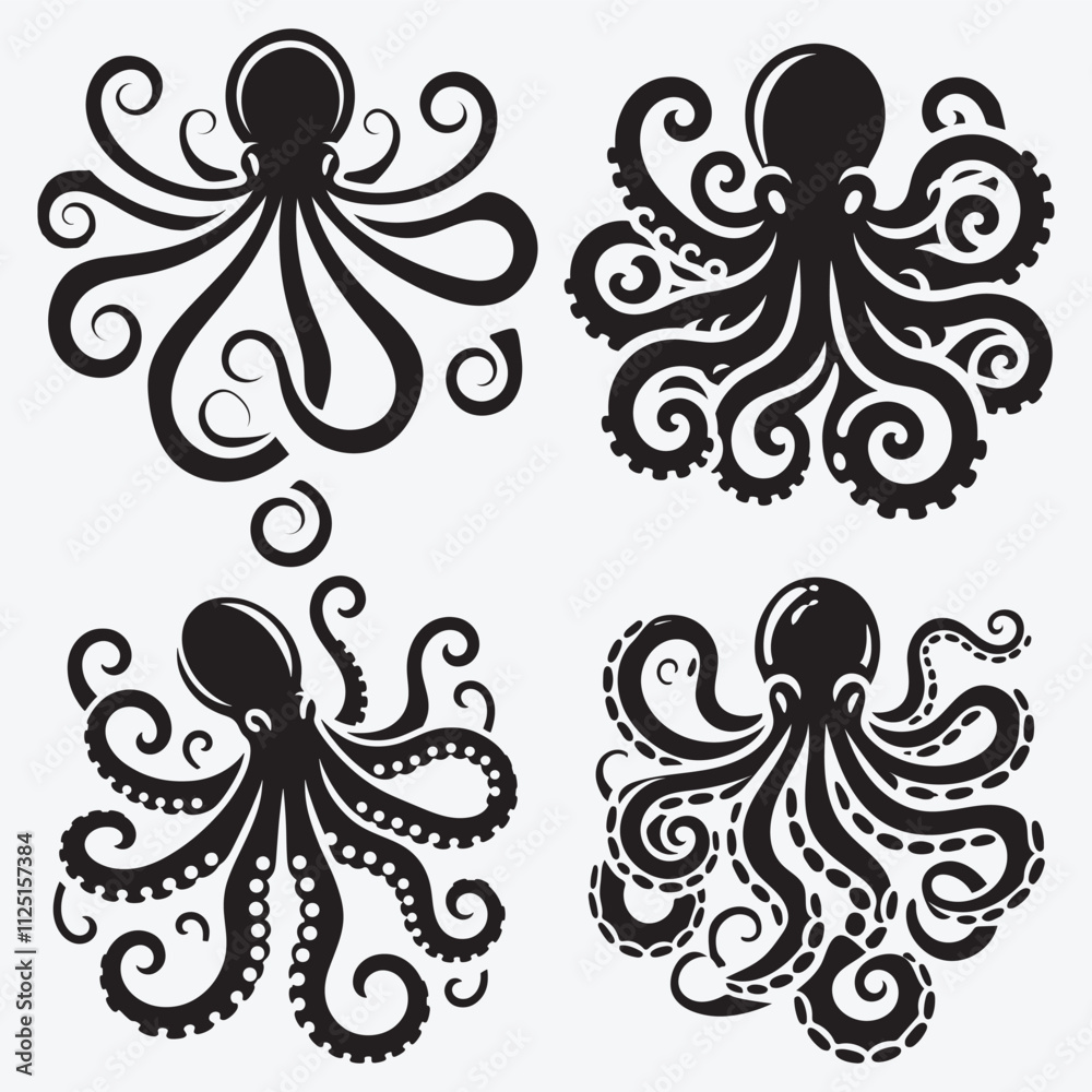 Octopus Silhouette Clip Art Vector illustration Isolated on White ...