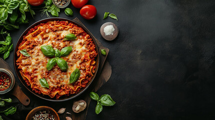 Wall Mural - Lasagna top view with copy space, basil garnished cooked dish freshly baked, table set with bolognese meal, delicious food for dinner in italian cuisine.