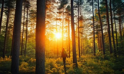 Wall Mural - sunlight filters through trees in a serene forest setting.