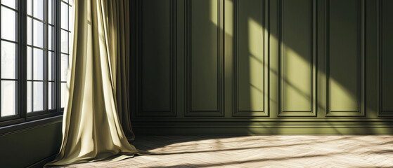Poster - Stylish room with olive green paneled walls and natural light streaming in