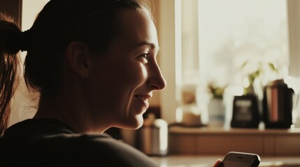 Canvas Print - Woman is sitting in a kitchen with a cell phone in her hand