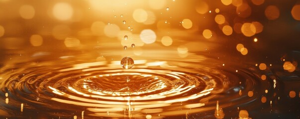 Poster - A serene image of a water droplet creating ripples on a golden surface, surrounded by shimmering bokeh lights.