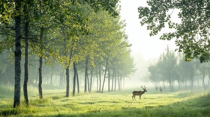 Wall Mural - forestry industry concept. A deer standing in a misty forest surrounded by lush greenery at dawn.